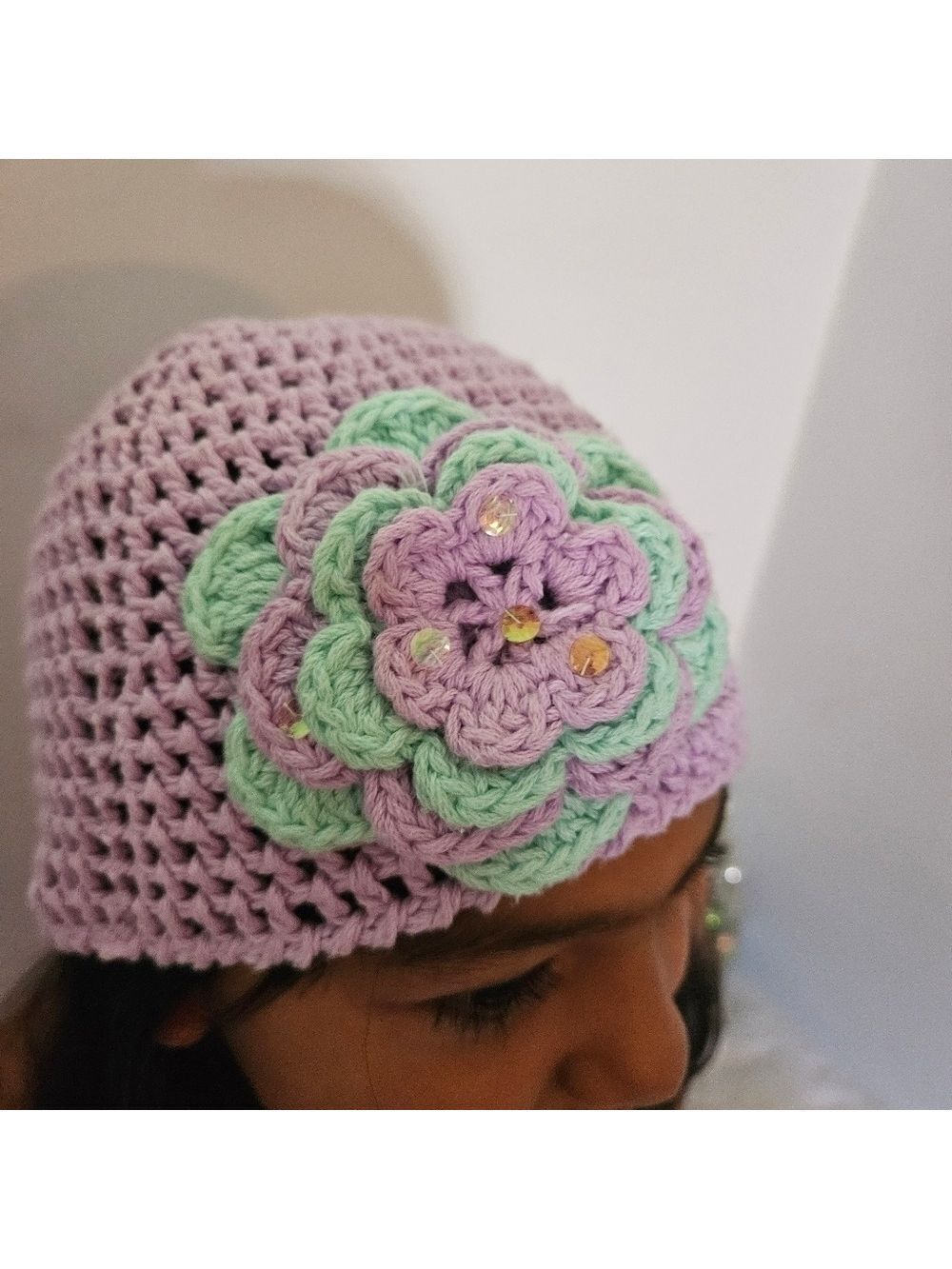 Hand Crafted upcycle crochet lavander Beanie handmade flower grannycore girl hat - Picture 11 of 17